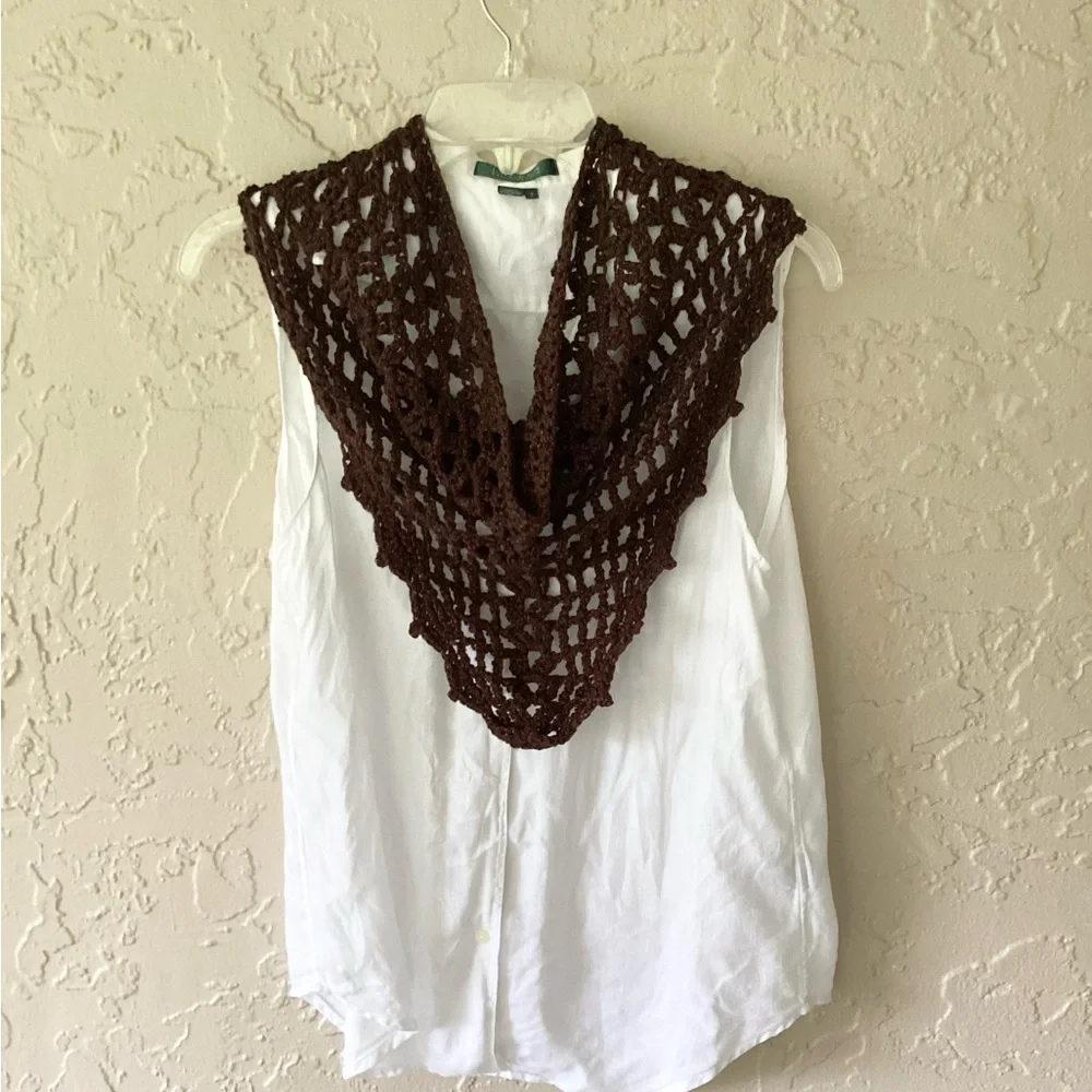 Scarf Triangle Cowl Shawl Hand Crafted Brown Gold Glitter Crochet Overlay